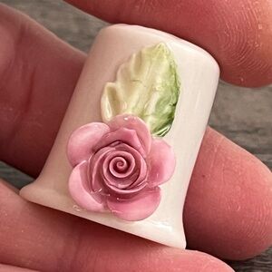 Ceramic Thimble with 3d Pink Rose Design - stunning details - quiet luxury